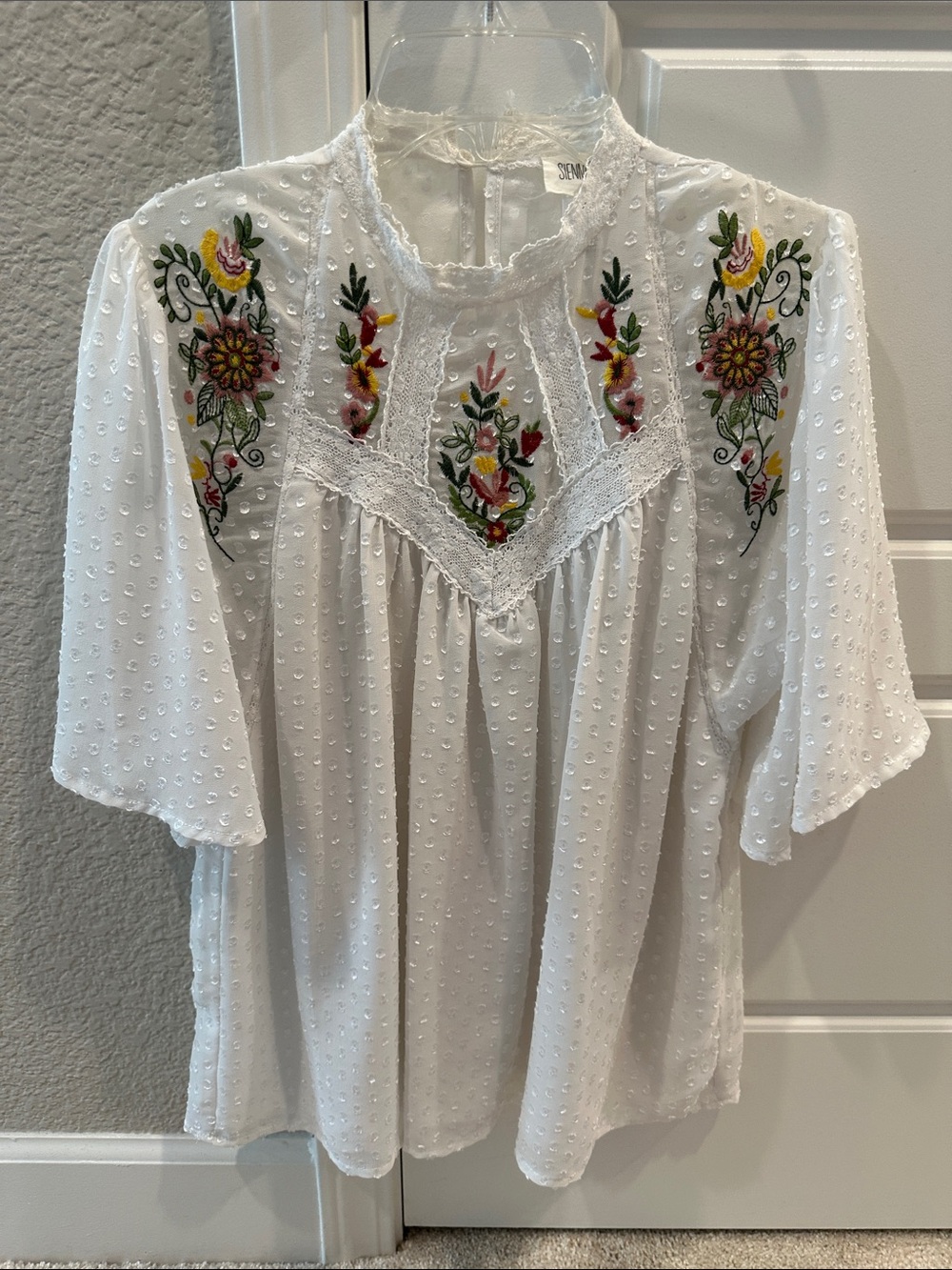 Sienna Sky White Swiss Dot Blouse with Multicolor Floral Embroidery